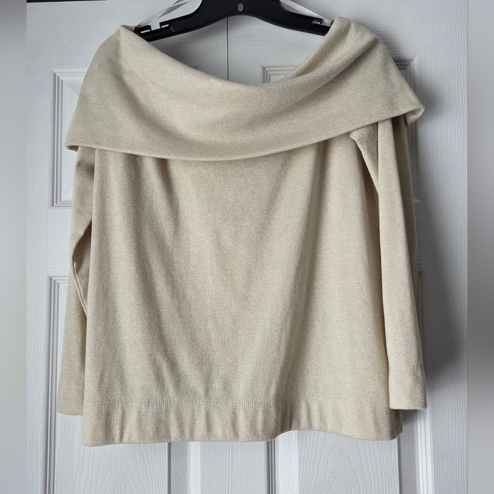 LOFT Cream Shimmery Off-Shoulder Blouse Size L - Picture 6 of 11